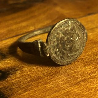 Greek Or Roman Style Coin Ring Artifact Antique Old Wax Seal Emperor Broken 2