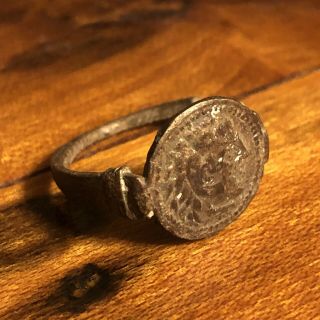 Greek Or Roman Style Coin Ring Artifact Antique Old Wax Seal Emperor Broken 3