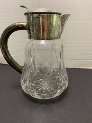 Vintage Cut & Etched Glass Water Pitcher Silverplate Top & Handle Germany Grapes