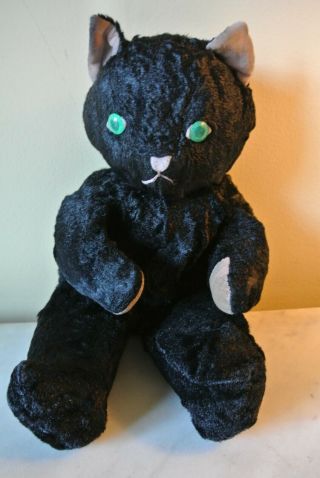 Vtg Toy Plush Stuffed Kitten Black Cat Green Eyes Pink Nose 1950 