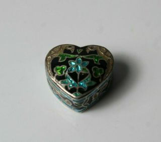 Vintage Sterling Silver Enamel Turquoise Flower Heart Shape Trinket Pill Box