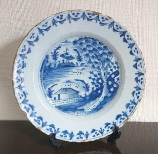 Rare 18th Century Antique English Delft Plate Chinese River Liverpool Or London?