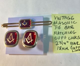 Vintage Masonic Tie Bar And Cuff Links 2 3/4 Inch Bar 18mm Cuff Links