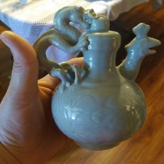 7 " China Old Porcelain Song Ru Kiln Celadon Glaze Chicken Head And Dragon Vase