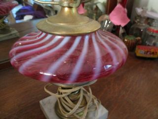Antique Fenton Cranberry Opalescent Swirl Glass Lamp Base Brass Marble Stick Nr