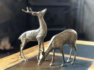 Vintage Solid Brass Deer Buck And Doe Figurines Mid Century Decor