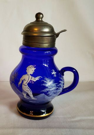 Antique Cobalt Blue Decanter Pewter Lid Hand Painted Boy With Bird (109)