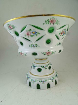 Antique Green Bohemian Cut Glass Czech Center Bowl Fruit Dish Compote Cased Vtg