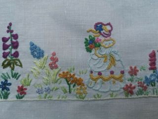 VINTAGE HAND EMBROIDERED CRINOLINE LADY LADIES FLORAL LINEN TABLECLOTH 2