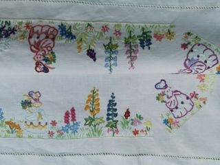 VINTAGE HAND EMBROIDERED CRINOLINE LADY LADIES FLORAL LINEN TABLECLOTH 3