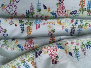 VINTAGE HAND EMBROIDERED CRINOLINE LADY LADIES FLORAL LINEN TABLECLOTH 4