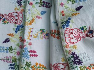VINTAGE HAND EMBROIDERED CRINOLINE LADY LADIES FLORAL LINEN TABLECLOTH 5