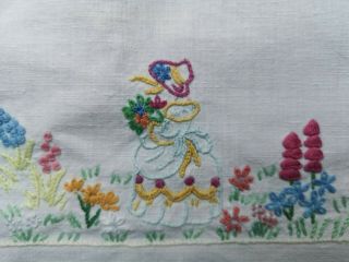 VINTAGE HAND EMBROIDERED CRINOLINE LADY LADIES FLORAL LINEN TABLECLOTH 6