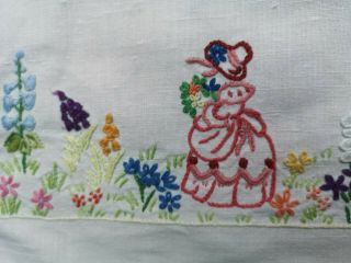 VINTAGE HAND EMBROIDERED CRINOLINE LADY LADIES FLORAL LINEN TABLECLOTH 7