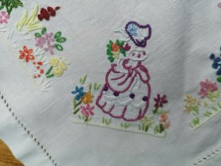VINTAGE HAND EMBROIDERED CRINOLINE LADY LADIES FLORAL LINEN TABLECLOTH 8