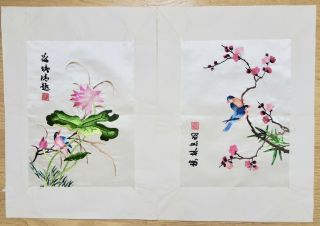 Chinese Silk Panel Vintage Mid Century Wall Art Blue Bird Embroidery Set2 Signed