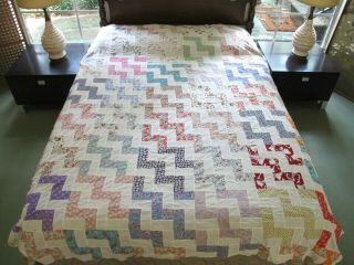 Vintage Hand Sewn Feed Sack Infinite Stairs Quilt Top Prints 86 " X 71 "
