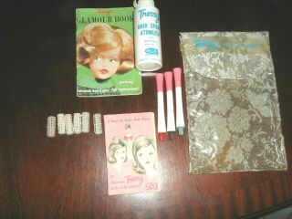 Vtg Tressy Mary Make Up Items Carry Bag 2 Books Curlers Hair Spray Make Up Pods