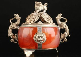 Exquisite COLLECTABLE OLD TIBET COPPER AGATE LION DRAGON INCENSE BURNER RT 3