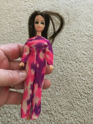Doll 1970 Topper Dawn Angie Long Brown Hair Pink Purple 1 Piece Jumpsuit 6 " Tall