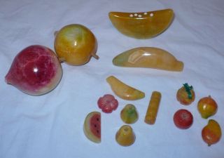 Vintage 14 Piece Alabaster Marble Italian Carved Stone Fruit Pear Pineapple