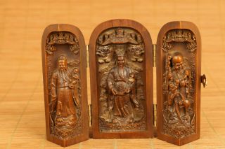 Blessing Gift Old Boxwood Hand Carving God Of Three Buddha Statue Box Netsuke
