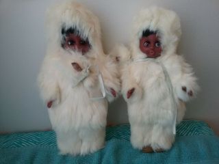 Vintage Eskimo Doll In Fur And Leather Shoes With Papooses - Set Of 2 Dolls