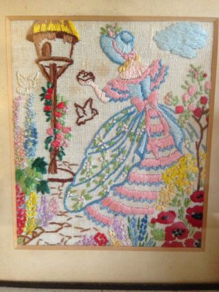 Vintage Hand Embroidered Picture Of Crinoline Ladies In Garden - Framed 30s 40s