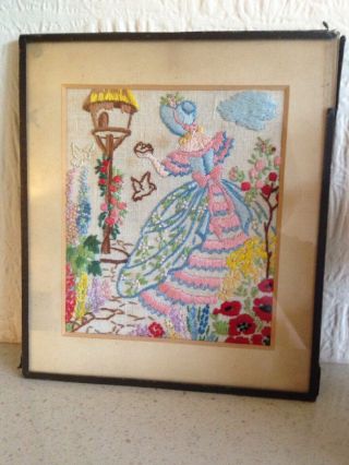 VINTAGE HAND EMBROIDERED PICTURE OF CRINOLINE LADIES IN GARDEN - FRAMED 30s 40s 2