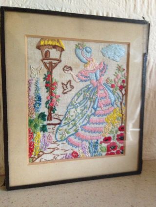 VINTAGE HAND EMBROIDERED PICTURE OF CRINOLINE LADIES IN GARDEN - FRAMED 30s 40s 3