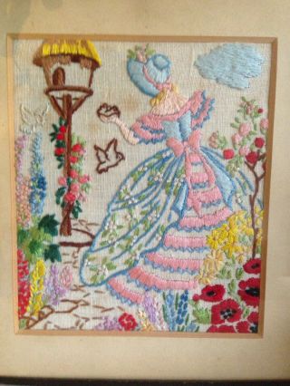 VINTAGE HAND EMBROIDERED PICTURE OF CRINOLINE LADIES IN GARDEN - FRAMED 30s 40s 4