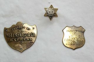 Vintage Wells Fargo Agent Star Pin And Two Wells Fargo Property Metal Tags