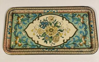 Vintage Daher Decorated Ware Tin Tray 14 X 7.  25” Gold Turquoise Floral England