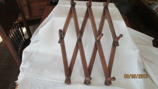 Antique Vtg Wood Expandable Folding 10 Peg Wall Hanging Hat Rack W/brass Tips