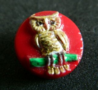 Vintage Red Glass Kiddie/childrens Button Owl Bird Gold On A Branch