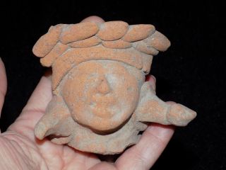 Pre - Columbian Mayan Warrior Head Fragment With Earspools
