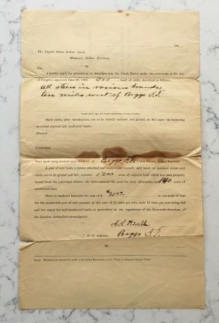 Antique Document Application To Introduce Cattle Into Creek Nation Indian Ter.