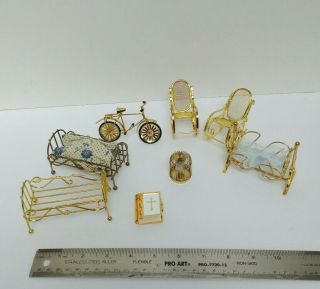 Vintage Brass Dollhouse Furniture Beds,  Bible,  Birdcage,  Bicycle,  Rocking Chairs