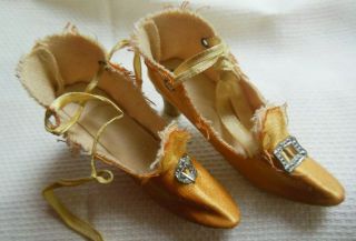 Vintage Marigold Gold Bed Doll Cloth Wood High Heeled Shoes