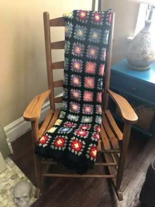 Vintage Handmade Crocheted Granny Square Boho Black Afghan Throw Large 59 " X 55 "
