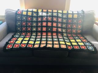 Vintage Handmade Crocheted Granny Square Boho Black Afghan Throw Large 59 