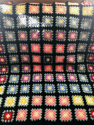 Vintage Handmade Crocheted Granny Square Boho Black Afghan Throw Large 59 