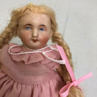 Vtg 6 " Bisque Doll Blonde Wig Dressed Painted Face