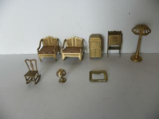 Vintage 1920 / 30s Metal Tootsie Toy Doll House Furniture (8 Piece Living Room)