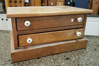 Vintage Heavy Wooden 2 Drawer Storage Chest With Porcelain Handles (22)