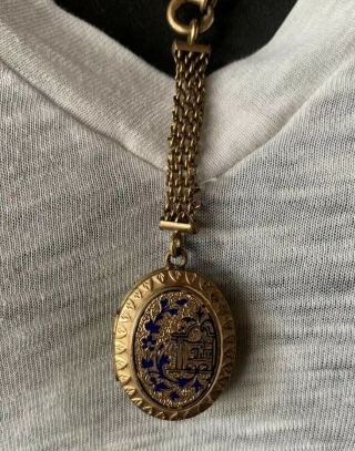 Antique Victorian Gold Filled Chain With Enameled Locket 1880 - 1920 3