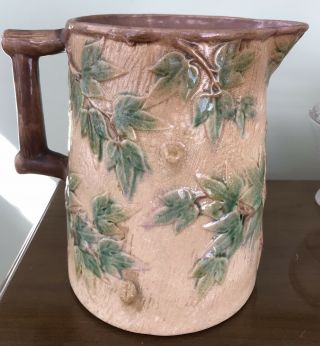 Antique American Etruscan Majolica Fern Pitcher By Griffen Smith & Hill 7.  " Tall