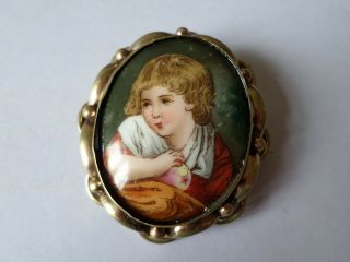 Antique Victorian Or Edwardian Ceramic & Pinchbeck Portrait Of A Child Brooch
