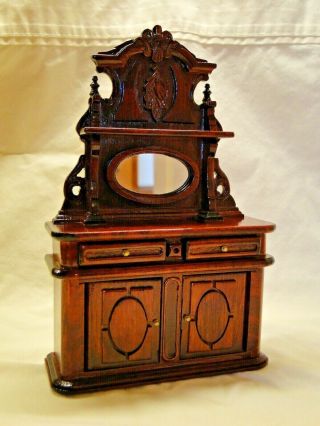 Vtg Dollhouse Miniature Victorian Hand Carved Mahogany Mirrored Buffet Cabinet