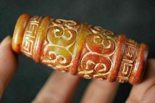 66mm Long Bead Chinese Old Jade carved Retro Fret Design Pendant J23 2